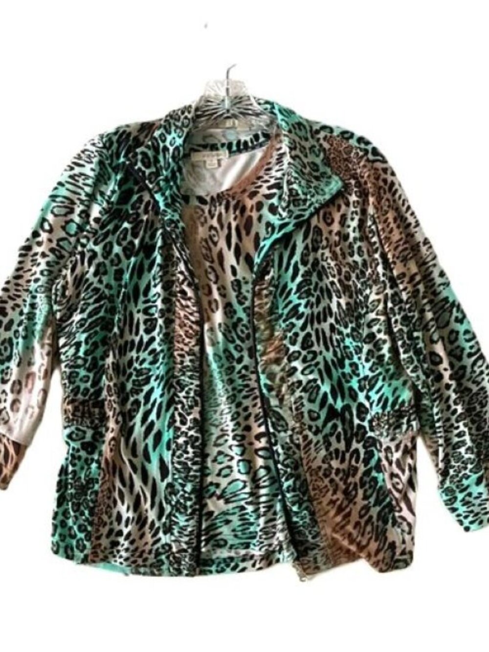 Erin London 2 Piece Top Jacket Aqua Brown Leopard Print Size S